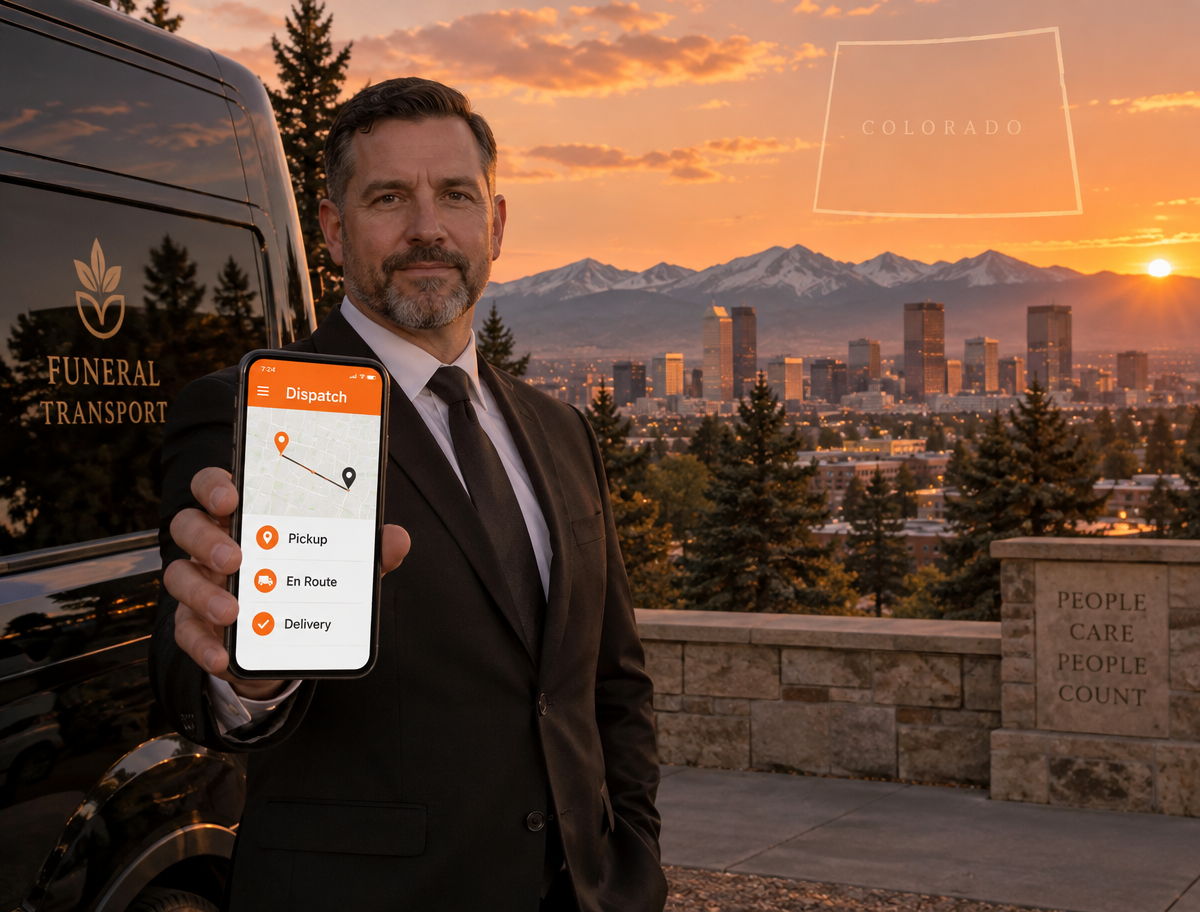 A funeral professional holding a phone with the MorTrack dispatch app, in front of a Denver skyline and the Colorado state outline